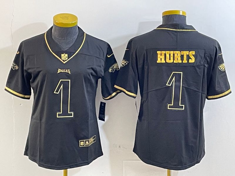 Women Philadelphia Eagles #1 Hurts Black gold 2025 Nike Vapor Limited NFL Jersey style 1